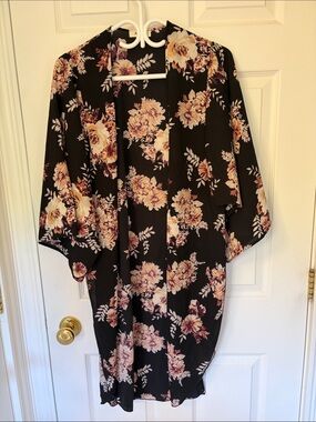 ADORA Black Floral Kimono Cape with Pink and Cream Blooms